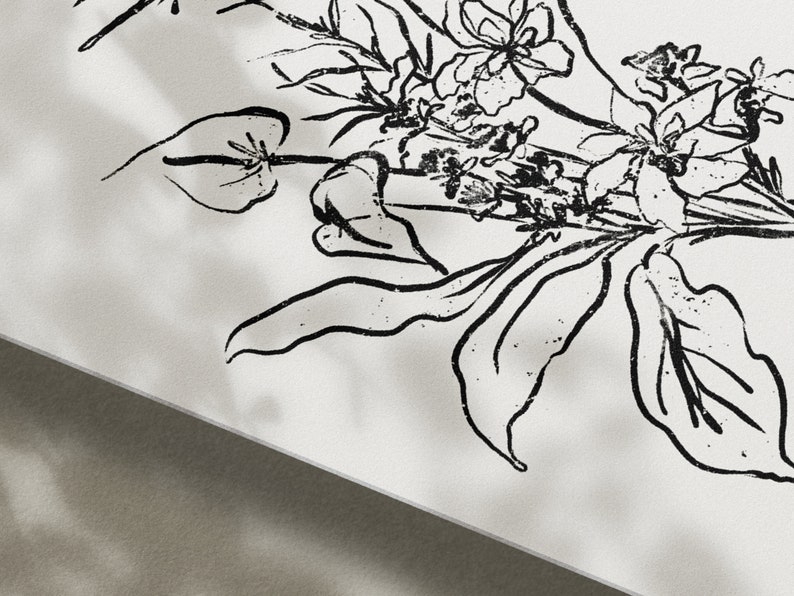 May include: Black and white line art print of a floral bouquet with leaves and flowers.