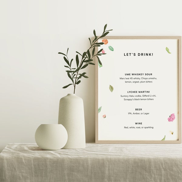 ROSA  Modern Floral Drinks Sign Template • Elegant and minimalist, wedding instant digital download, romantic and timeless roses