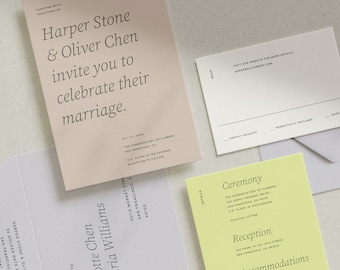 May include: A wedding invitation suite in a blush pink, light blue and yellow colour scheme. The invitation features the names "Harper Stone & Oliver Chen" and the text "invite you to celebrate their marriage." The RSVP card includes the text "Happily Accepts" and "Regretfully Declines." The ceremony and reception cards list the locations and times of the events.