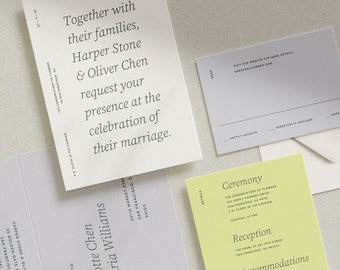 May include: A wedding invitation suite featuring a white card with the text "Together with their families, Harper Stone & Oliver Chen request your presence at the celebration of their marriage."  A light grey RSVP card with the text "Happily Accepts" and "Regretfully Declines" and a light green card with the text "Ceremony" and "Reception".