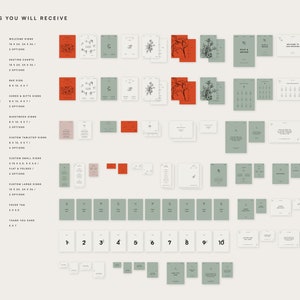 Op de afbeelding: Een grafiek die de verschillende sjablonen laat zien die zijn inbegrepen in een huwelijksstationery suite. De sjablonen omvatten save-the-dates, welkomstborden, uitnodigingen, detailkaarten, RSVP-kaarten, adresenveloppen, retourenveloppen, tafelnummers, plaatskaarten, menu's, dinermenu's, huwelijksprogramma's, bedankkaartjes en bedankkaartjes. De sjablonen zijn in drie verschillende stijlen: een bloemmotief met rode en groene accenten, een eenvoudig ontwerp met witte tekst op een grijze achtergrond en een ontwerp met witte tekst op een witte achtergrond.