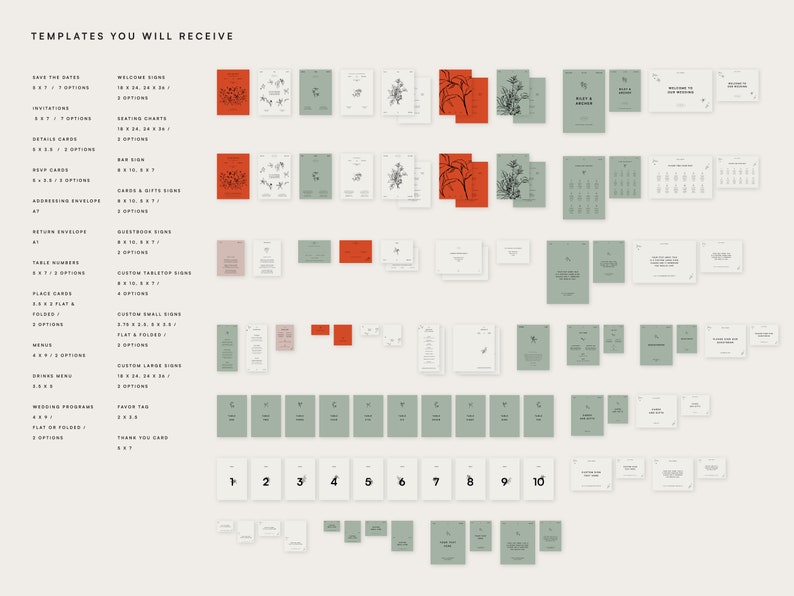 Op de afbeelding: Een grafiek die de verschillende sjablonen laat zien die zijn inbegrepen in een huwelijksstationery suite. De sjablonen omvatten save-the-dates, welkomstborden, uitnodigingen, detailkaarten, RSVP-kaarten, adresenveloppen, retourenveloppen, tafelnummers, plaatskaarten, menu's, dinermenu's, huwelijksprogramma's, bedankkaartjes en bedankkaartjes. De sjablonen zijn in drie verschillende stijlen: een bloemmotief met rode en groene accenten, een eenvoudig ontwerp met witte tekst op een grijze achtergrond en een ontwerp met witte tekst op een witte achtergrond.