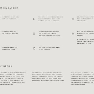 May include: A guide to editing and printing a Canva template. The text says "What You Can Edit" and lists options like changing text color, size, and font, recoloring illustrations, deleting illustrations or text, customizing the design using the illustration library, adding your own photos and images, and changing the background color. The text also says "Printing Tips" and lists tips for saving designs with or without trim marks, printing at home or with a professional printer, and choosing paper stock and color.