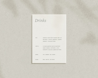 May include: A minimalist drinks menu listing different drink options for "His" and "Hers" with descriptions of the ingredients. The menu also includes options for beer and wine.