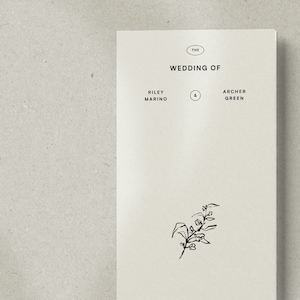 Puede incluir: Una tarjeta de anuncio de boda sencilla con el texto "The Wedding of Riley Marino & Archer Green".