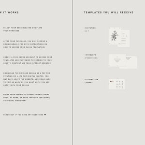 May include: A how-to guide for creating and customizing digital invitations using Canva. The guide includes five steps, from selecting a design to printing or sending the finished product. The guide also includes a list of templates included in the purchase, such as an invitation, envelope, and illustration library.