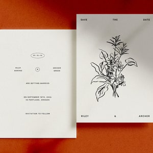 JARDÍN  Plantilla para guardar la fecha dibujada a mano • Ilustración de tinta floral minimalista moderna, plantilla de descarga digital de boda