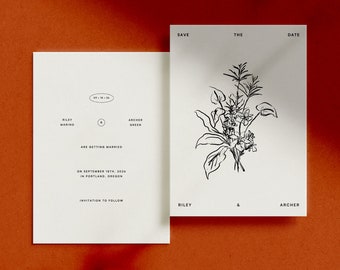JARDÍN  Plantilla para guardar la fecha dibujada a mano • Ilustración de tinta floral minimalista moderna, plantilla de descarga digital de boda