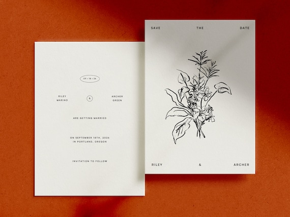 Hand-Drawn Floral Save The Date Template for Modern and Minimalist Wedding, Digital Download (Garden)