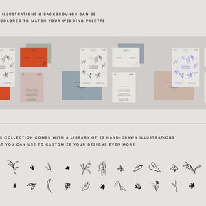 May include: A set of wedding invitation templates with floral illustrations. The illustrations are black and white and can be recolored to match the wedding palette. The text on the invitations says "Save the Date" and "Wedding Invitation". The collection includes 25 hand-drawn illustrations that can be used to customize designs.