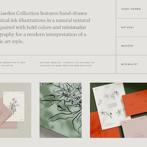 May include: A set of three wedding invitation cards with hand-drawn botanical illustrations in black ink. The cards are on a green background with a natural, modern, and minimalist style. The text on the cards reads "To the wedding of our dearest friends".