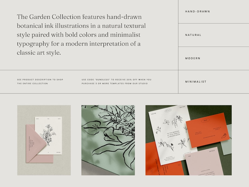 May include: A set of three wedding invitation cards with hand-drawn botanical illustrations in black ink. The cards are on a green background with a natural, modern, and minimalist style. The text on the cards reads "To the wedding of our dearest friends".