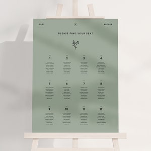 May include: A green wedding seating chart with the names Riley and Archer at the top. The chart is on an easel and has 12 tables with names and guest lists.