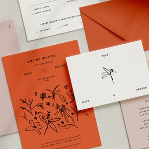 Puede incluir: Una invitación de boda roja con texto negro e ilustraciones florales. La invitación dice "You're Invited to the Wedding of Riley & Archer, September 19th, 2024".
