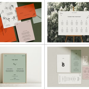 Op de afbeelding: Een set huwelijksstationery in een groen-wit kleurenschema. De uitnodiging heeft een bloemmotief en de tekst "Voor de bruiloft van [Naam] & [Naam] in [Locatie] op [Datum]". De RSVP-kaart is roze met de tekst "RSVP voor [Datum]". De zitplaatskaart is een witte poster met de tekst "Zoek uw plaats" en een lijst met namen en tafelnummers. Het menu is een groene kaart met de tekst "Diner" en een lijst met gerechten. De barmenu is een groene kaart met de tekst "De Bar" en een lijst met drankjes.