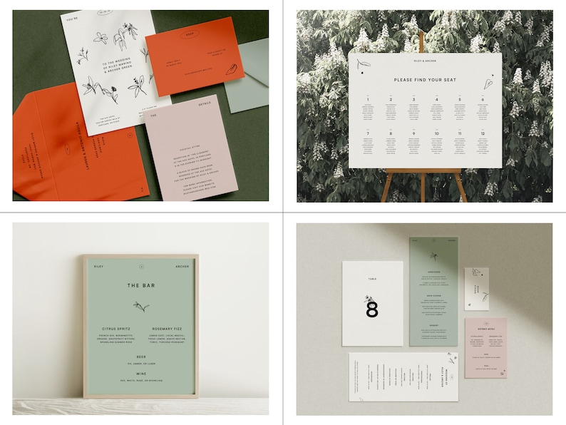 Op de afbeelding: Een set huwelijksstationery in een groen-wit kleurenschema. De uitnodiging heeft een bloemmotief en de tekst "Voor de bruiloft van [Naam] & [Naam] in [Locatie] op [Datum]". De RSVP-kaart is roze met de tekst "RSVP voor [Datum]". De zitplaatskaart is een witte poster met de tekst "Zoek uw plaats" en een lijst met namen en tafelnummers. Het menu is een groene kaart met de tekst "Diner" en een lijst met gerechten. De barmenu is een groene kaart met de tekst "De Bar" en een lijst met drankjes.