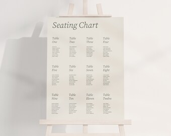 May include: A seating chart for a wedding or event with the title "Seating Chart" at the top. The chart is divided into twelve sections, each labelled with a table number from one to twelve. Each section lists the names of guests assigned to that table.