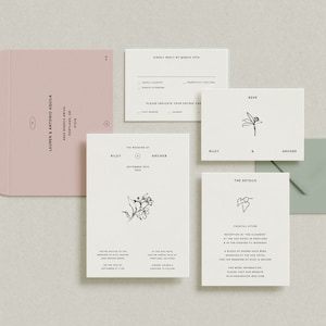 Op de afbeelding: Een huwelijksuitnodigingsset met een minimalistisch ontwerp. De uitnodiging heeft een eenvoudige bloemenillustratie en de tekst "The Wedding of Riley & Archer, September 10th, 2023". De RSVP-kaart heeft een vergelijkbare bloemenillustratie en de tekst "RSVP". De detailkaart heeft een andere bloemenillustratie en de tekst "The Details".