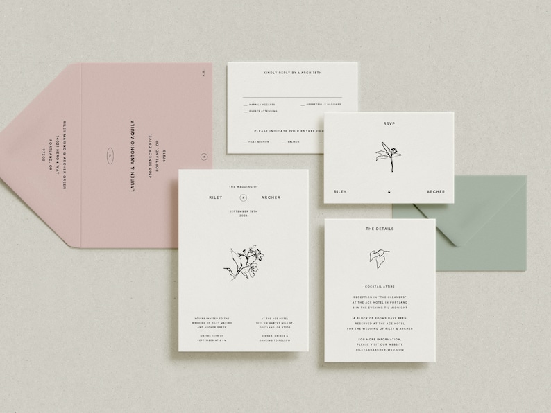 Op de afbeelding: Een huwelijksuitnodigingsset met een minimalistisch ontwerp. De uitnodiging heeft een eenvoudige bloemenillustratie en de tekst "The Wedding of Riley & Archer, September 10th, 2023". De RSVP-kaart heeft een vergelijkbare bloemenillustratie en de tekst "RSVP". De detailkaart heeft een andere bloemenillustratie en de tekst "The Details".