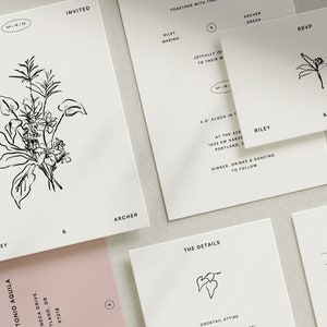 GARDEN  Hand-Drawn Invitation Suite Template • modern minimalist floral ink illustration, wedding digital download template