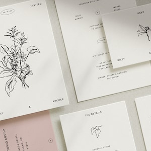 Puede incluir: Conjunto de invitaciones de boda con ilustraciones de flores y hojas en tinta negra. La invitación incluye los nombres Riley y Archer, la fecha 09-18-26 y la ubicación 1022 SW Harvey, Portland, OR. La tarjeta RSVP incluye el texto "Por favor, responda antes del..." y una ilustración en tinta negra de una flor.