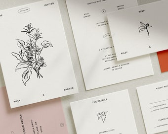 GARDEN  Hand-Drawn Invitation Suite Template • modern minimalist floral ink illustration, wedding digital download template