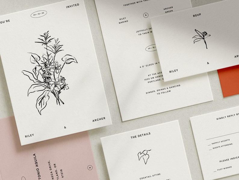 Plantilla de invitación de boda floral dibujada a mano, boda moderna y minimalista, descarga digital (Jardín)