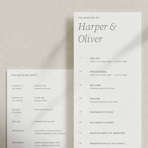 Puede incluir: Un orden del servicio de la ceremonia de boda con los nombres Harper & Oliver impresos en la parte superior. El orden del servicio enumera la fiesta de bodas, la procesión, la bienvenida, la lectura, el intercambio de votos, el intercambio de anillos, el anuncio del matrimonio y la presentación de la pareja.