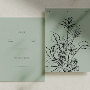 Puede incluir: Una invitación de boda verde salvia con texto negro que anuncia el matrimonio de Riley Marino y Archer Green el 18 de septiembre de 2026 en Portland, Oregón. La invitación incluye una ilustración floral con líneas negras sobre un fondo verde salvia.