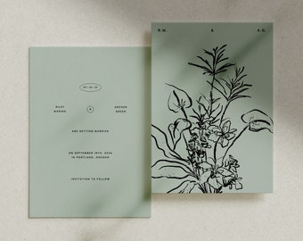 GARDEN  Hand-Drawn Save The Date Template • modern minimalist floral ink illustration, wedding digital download template
