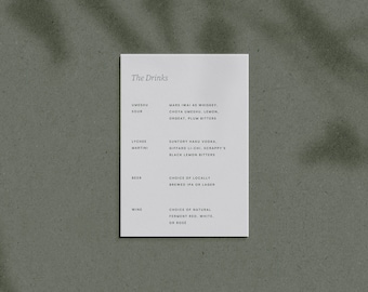 May include: A white card with a list of drinks and their ingredients. The drinks include Umeshu Sour, Lychee Martini, Beer, and Wine. The card has the title "The Drinks" at the top.