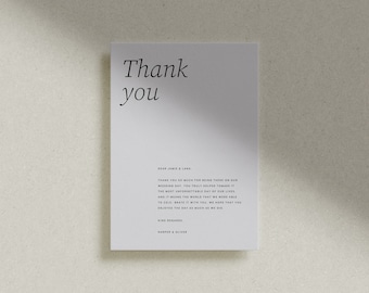 May include: A simple thank you card with a white background and black text. The card reads "Thank you" in a large font at the top and "Dear James & Lana, Thank you so much for being there on our wedding day. You truly helped to make it the most unforgettable day of our lives. And it means the world that we were able to celebrate it with you. We hope that you enjoyed the day as much as we did. Kind regards, Harper & Oliver" in a smaller font below.