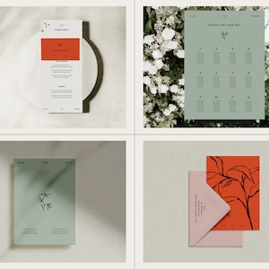 Op de afbeelding: Een set huwelijksstationery met een minimalistisch ontwerp. De uitnodiging is lichtgroen met een eenvoudige lijntekening van een plant. Het menu is wit met een rode accent en de zitplaatskaart is groen met zwarte tekst. De envelop is roze met een rood en zwart bloemenontwerp.