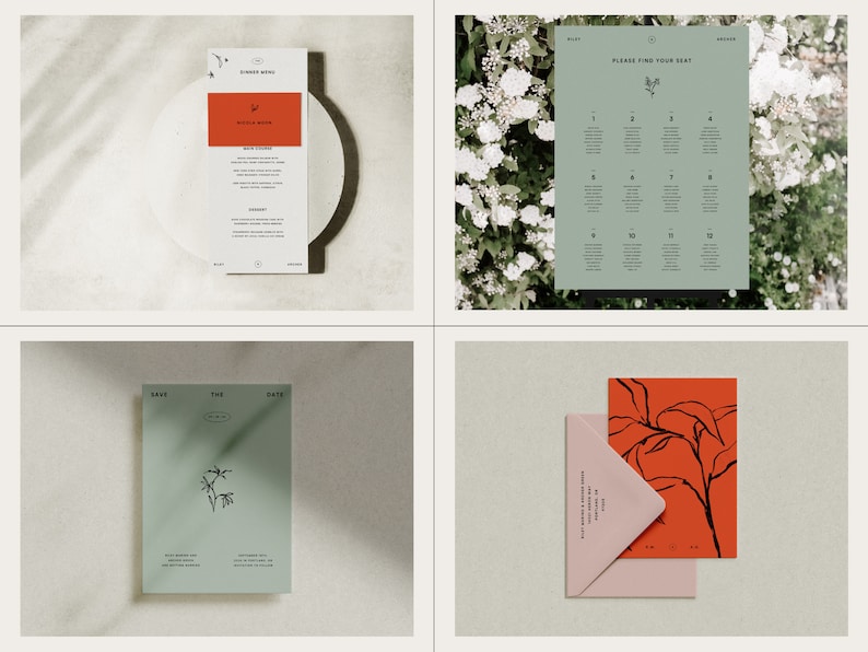 Op de afbeelding: Een set huwelijksstationery met een minimalistisch ontwerp. De uitnodiging is lichtgroen met een eenvoudige lijntekening van een plant. Het menu is wit met een rode accent en de zitplaatskaart is groen met zwarte tekst. De envelop is roze met een rood en zwart bloemenontwerp.