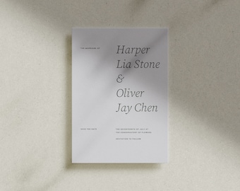 May include: Save the date card with a white background and black text. The card announces the wedding of Harper Lia Stone and Oliver Jay Chen, taking place on the seventeenth of July at the Conservatory of Flowers.