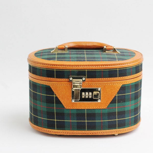 Vintage original green blue tartan plaid and cognac leather train case, carry-on cosmetic bag, vanity case, toiletry bag, luggage travel