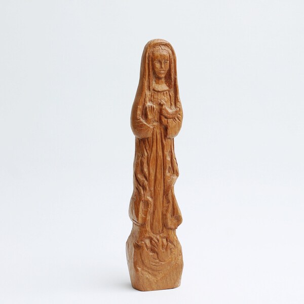 Vintage wood carved relic, religious statue Mother Mary with doves, figurine Lady of Peace, handmade wood art Holy Mary, Mid-century BOHO