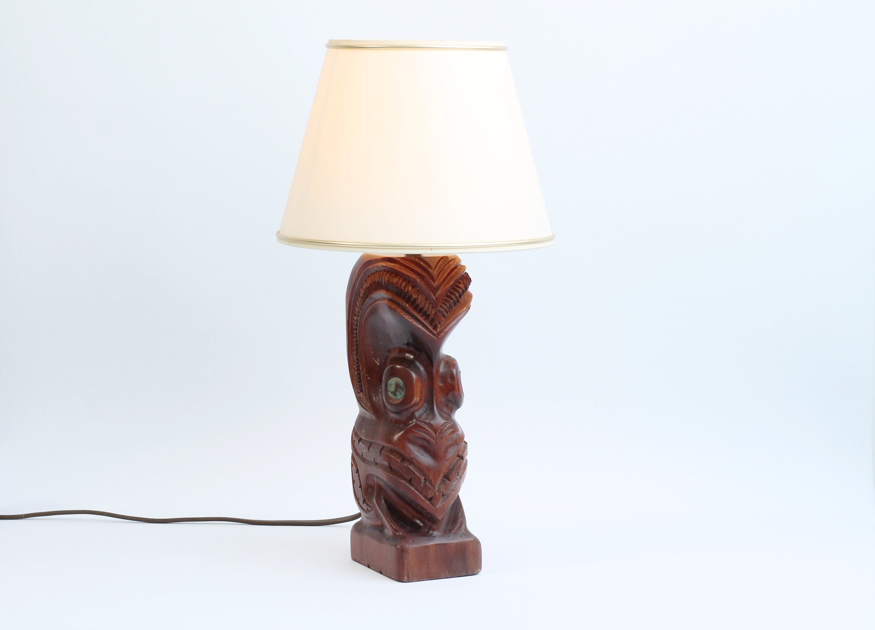 Vintage Wooden Hand Carved Maori Tiki Head Table Lamp Base W