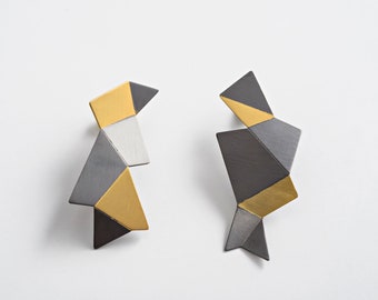 Large Origami Studs in Rhodium and Gold Plated Silver, Contemporary Geometric Earrings, Minimal Architectural Design, Gift for Architect