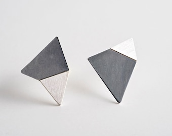 Contemporary Origami Studs in Sterling Silver, Oxidized Silver Geometric Earring, Minimal Architectural Design, Gift for Designers