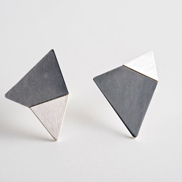 Contemporary Origami Studs in Sterling Silver, Oxidized Silver Geometric Earring, Minimal Architectural Design, Gift for Designers