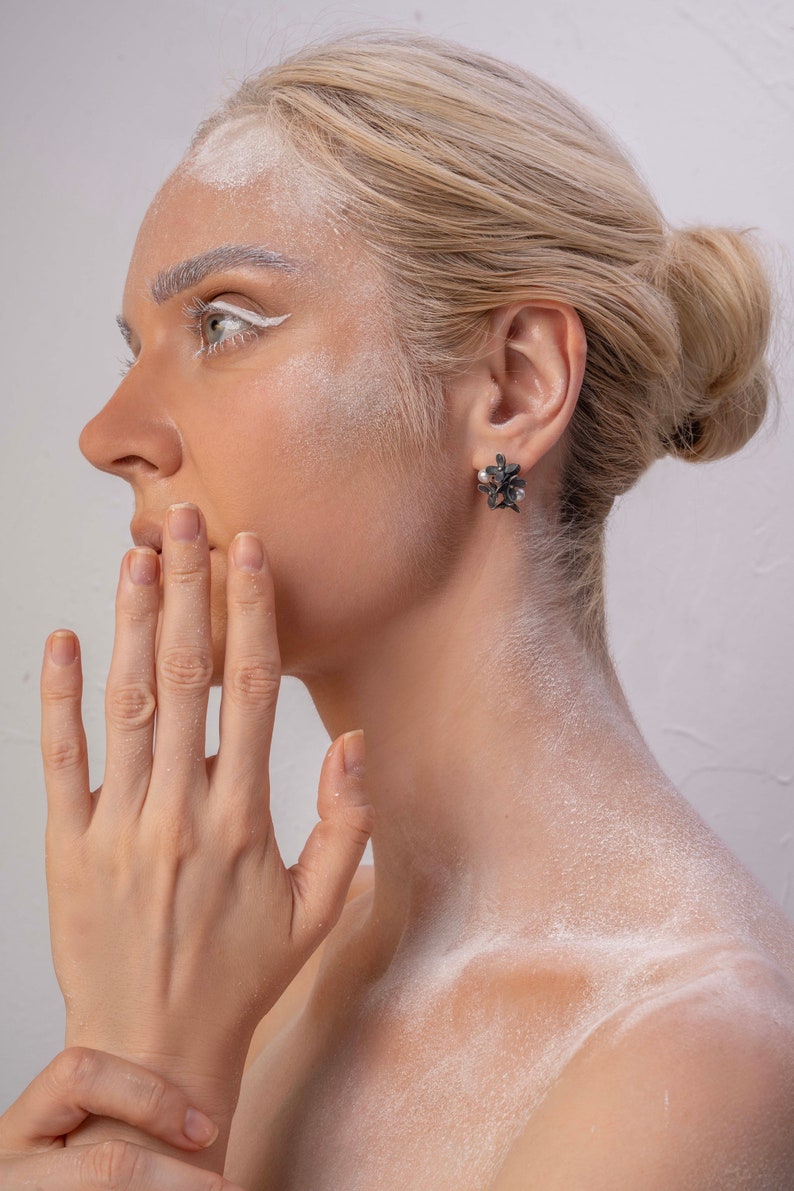 Flowery Sterling Silver Earrings with Cultivated Pearls, Contemporary Earrings with Cultured Pearls in Gold, Oxidized Silver with Pearls image 6