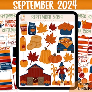 May include: A digital planner sticker kit with a fall theme. The stickers feature pumpkins, fall leaves, a scarecrow, a farmhouse, and a truck full of pumpkins. The stickers are in shades of orange, red, brown, and blue.