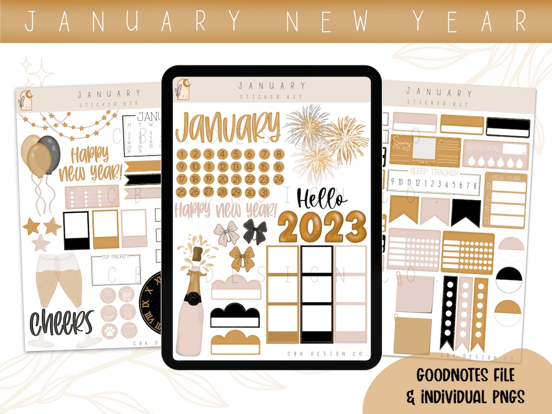 January Digital Sticker Kit New Year 2023 Goodnotes Files & Pngs