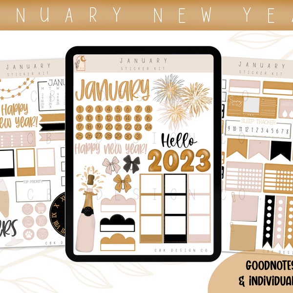 January Digital Sticker Kit- New Year 2023- Goodnotes Files & PNGs- Digital Planner