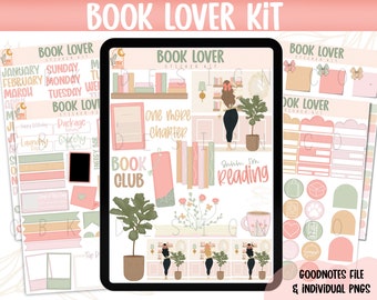 May include: A digital planner sticker kit with a book lover theme. The stickers feature illustrations of books, coffee cups, plants, and a woman reading. The stickers are in shades of pink, green, and brown. The text "Book Lover" appears on the stickers. The text "Goodnotes File & Individual PNGs" appears at the bottom of the image.