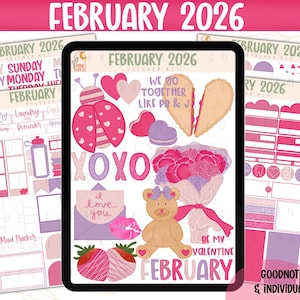 Pode incluir: Autocolantes digitais para planner de fevereiro de 2026, com uma joaninha, corações, um ursinho de pelúcia e o texto "XOXO". Inclui arquivo GoodNotes e PNGs individuais. O esquema de cores é rosa e roxo.