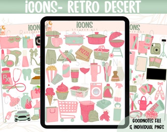 May include: Digital sticker kit with a retro desert theme. The image shows a tablet displaying various hand-drawn icons in pink, green, and white, including food, travel, and beauty items. Text on the image reads "ICONS - RETRO DESERT" and "GOODNOTES FILE & INDIVIDUAL PNGS."