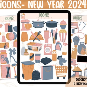 Digital Sticker Kit| Icons- New Year 2024 | Goodnotes Files & PNGs- Digital Planner