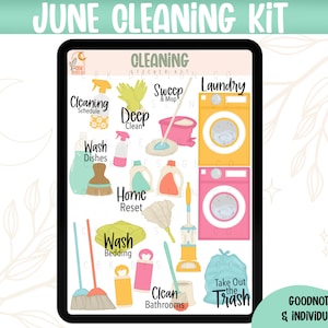 Könnte beinhalten: Eine digitale Planerseite mit bunten Stickern für ein Juni-Reinigungsset. Die Sticker zeigen Illustrationen von Reinigungsmitteln, Wäsche und Haushaltsaufgaben. Der Text auf den Stickern lautet "Reinigungsplan", "gründliche Reinigung", "Geschirr spülen", "Haus zurücksetzen", "Bettwäsche waschen", "Badezimmer putzen", "kehren und wischen", "Wäsche" und "Müll rausbringen".